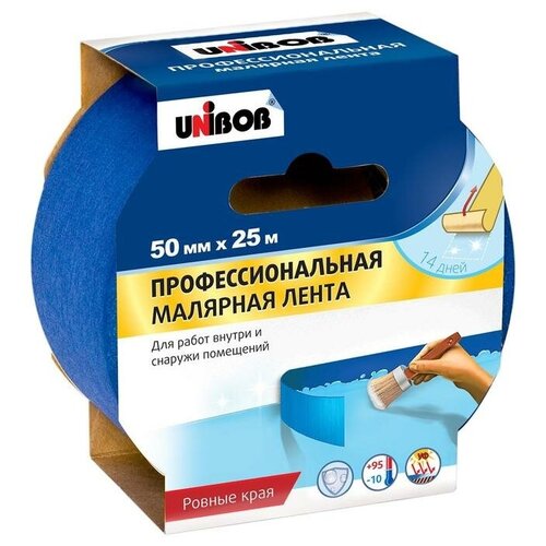 Клейкая лента малярная для наружных работ Unibob синяя 50 мм x 25 м (профессиональная)