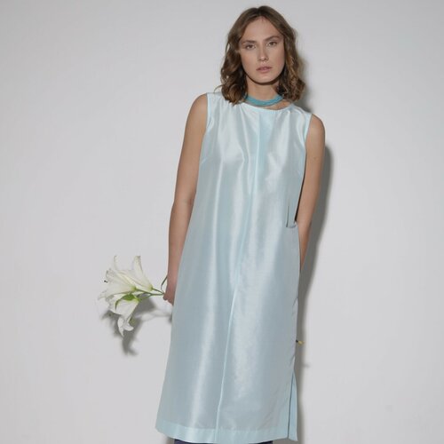 фото Платье-футляр olga kolvakh, хлопок, повседневное, классическое, прямой силуэт, миди, размер 44, голубой