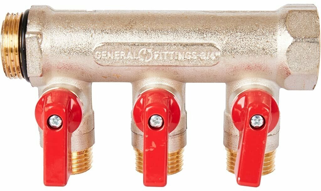 Коллектор STOUT с шаровыми кранами 3/4", 3 отвода 1/2" (красные ручки) кольцо EPDM, SMB 6210 341203
