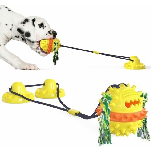 [28218] №1 Игрушка интерактивная для собак Тяни-Кусай, с двумя присосками, 75см, желтый шипованый мяч с веревкой, 1х40шт, 28218 (1 шт) игрушка для собак ferplast pa 6419 мячи с веревкой 1 шт