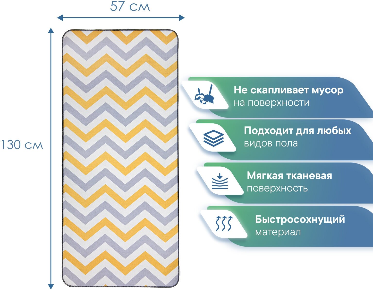 Ковровая дорожка коврик безворсовый противоскользящий "Уютный дом" 57х130 см Зигзаги серо-жёлтые - фотография № 2