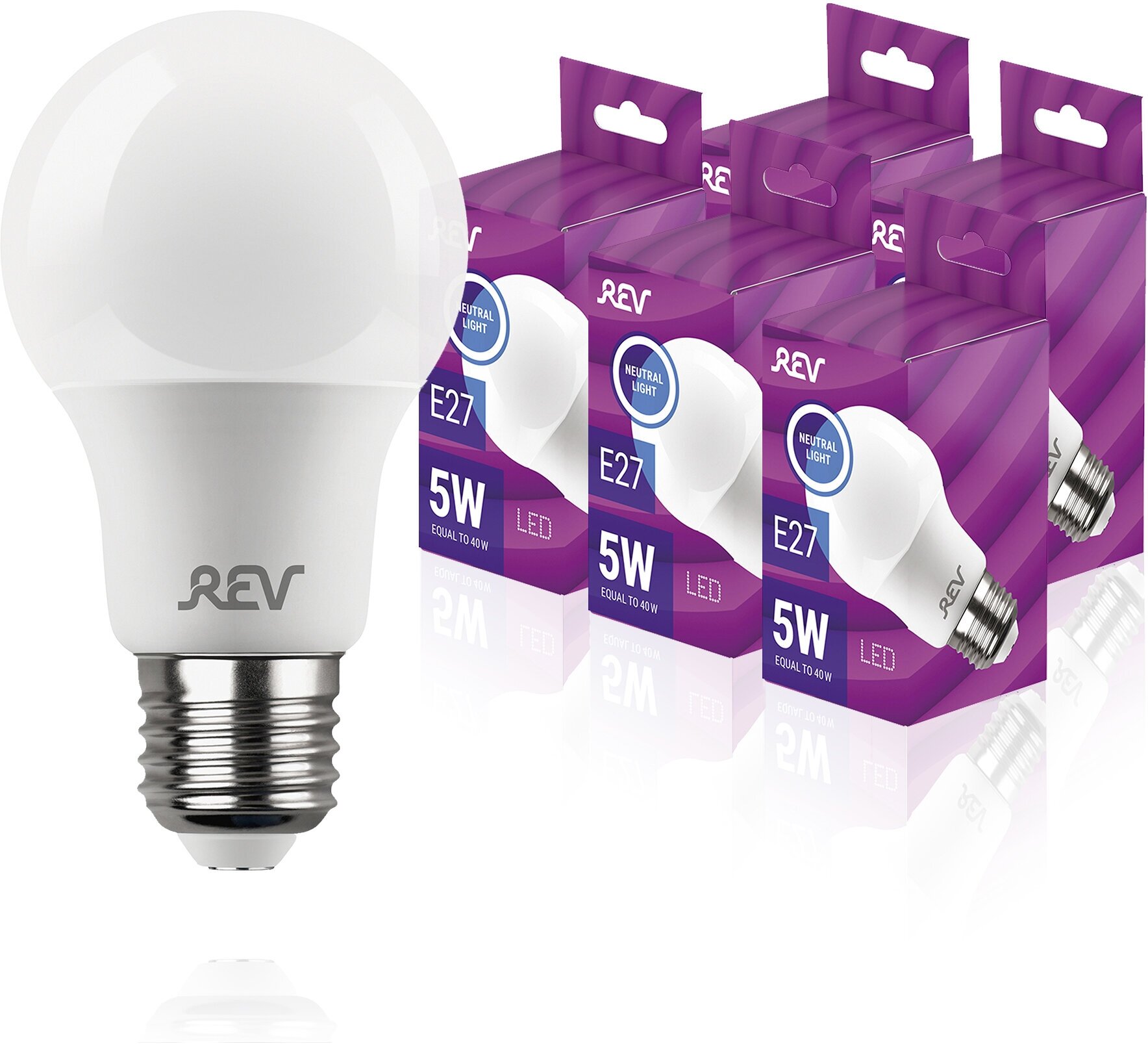 Упаковка светодиодных ламп 5 шт REV 32345 7, 4000К, Е27, A60, 5Вт