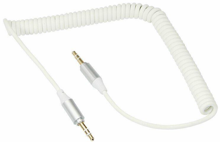 Аудиокабель спираль (штекер 3.5 мм) 1 м для подключения к аудиосистеме белый