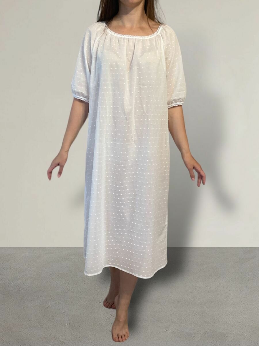 Хлопковая ночная сорочка длинная с короткими рукавами, хлопок 100%, P21073 - фотография № 1