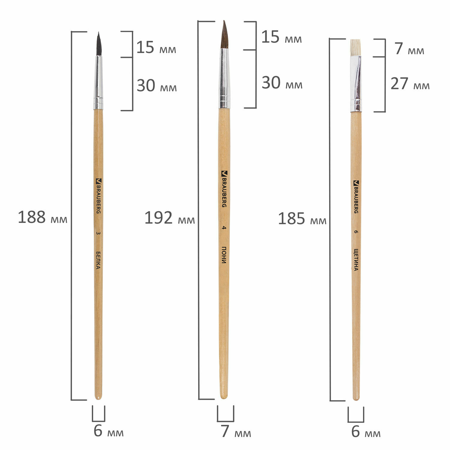 Набор кистей BRAUBERG белка, пони, щетина, с короткой ручкой, №3,4, 3 шт., блистер - фото №17