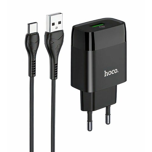 Сетевое зарядное устройство Hoco C72Q Glorious Single Port QC 3.0 Charger (EU), черный сетевой адаптер питания hoco c72q glorious black зарядка qc3 0 18w usb порт кабель microusb черный