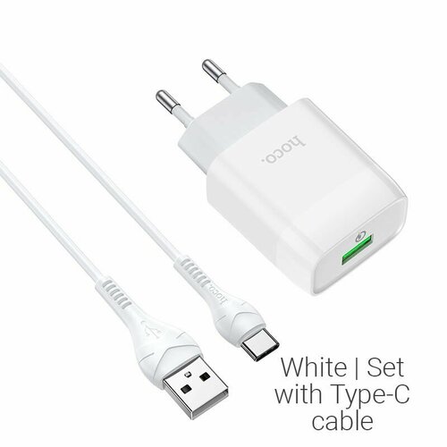 Сетевое ЗУ Hoco C72Q + кабель Type C (1USB/QC 3.0/18W) белое сетевое зарядное устройство hoco c72q glorious 18 вт белый