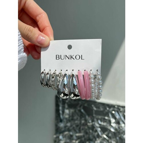 Комплект серег Bunkol 5 пар, пластик, эмаль, размер 30 мм, серебряный, розовый