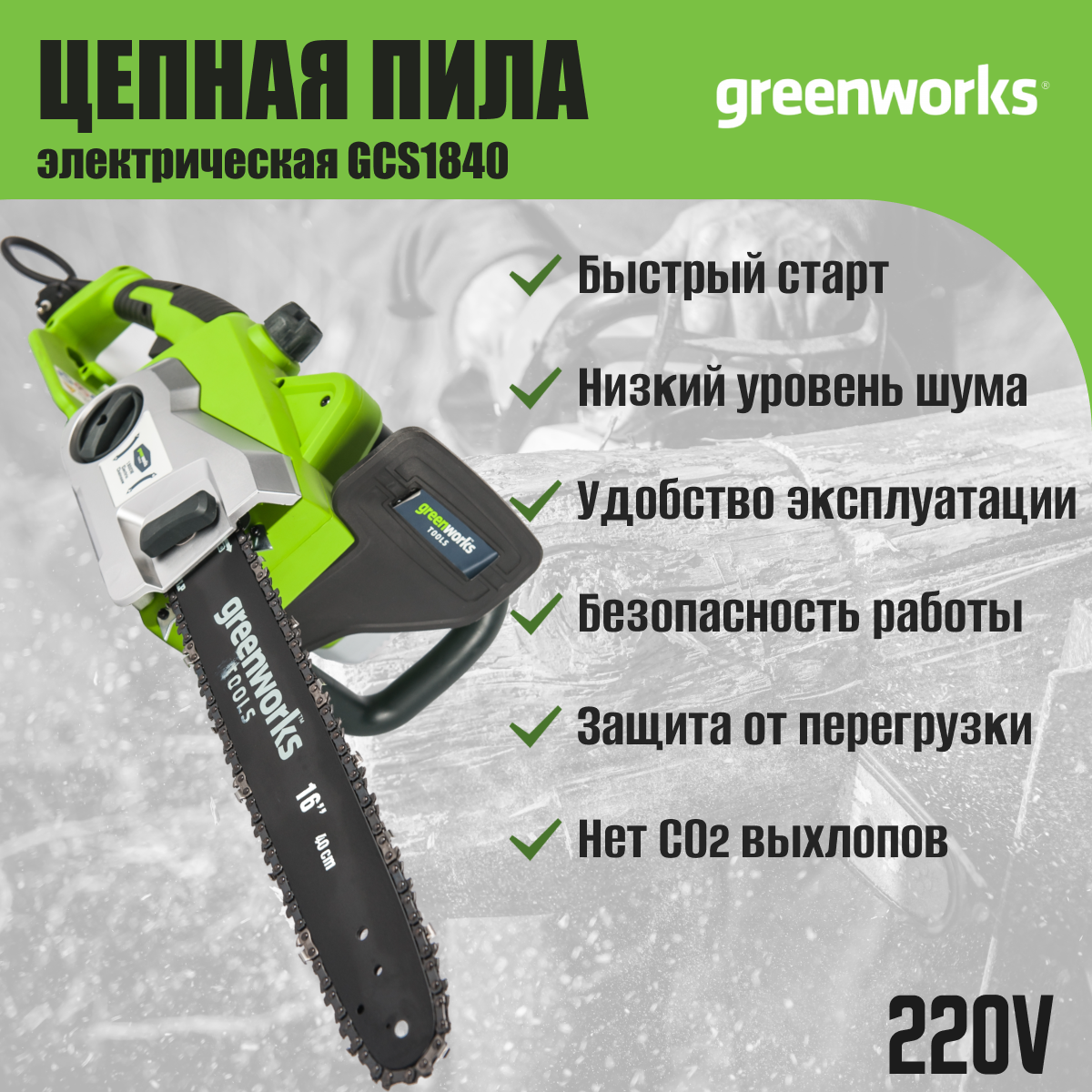 Цепная пила электрическая Greenworks Арт. 20027, 1800 Вт, 40 см