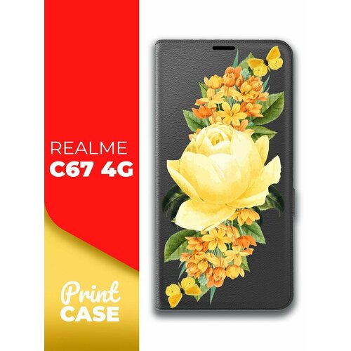 Чехол на Realme C67 4G (Реалми С67 4г) черный книжка эко-кожа подставка отделением для карт и магнитами Book case, Miuko (принт) Желтые Розы чехол на realme c67 4g реалми с67 4г черный книжка эко кожа подставка отделением для карт и магнитами book case miuko принт мишка гитара