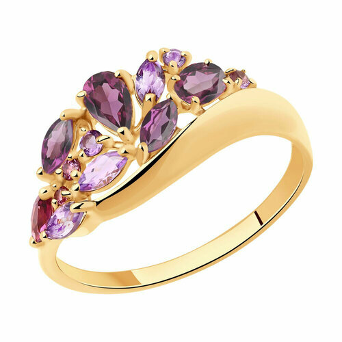 Кольцо Diamant online, красное золото, 585 проба, родолит, аметист, размер 18, золотистый
