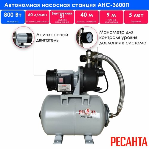 Насосная станция / Автономная станция водоснабжения АНС-3600П Ресанта (800 Вт, напор – 40 м, 60 л/мин, гидроаккумулятор – 24 л, глубина всасывания – 9 м, 1”) серый, серебристый