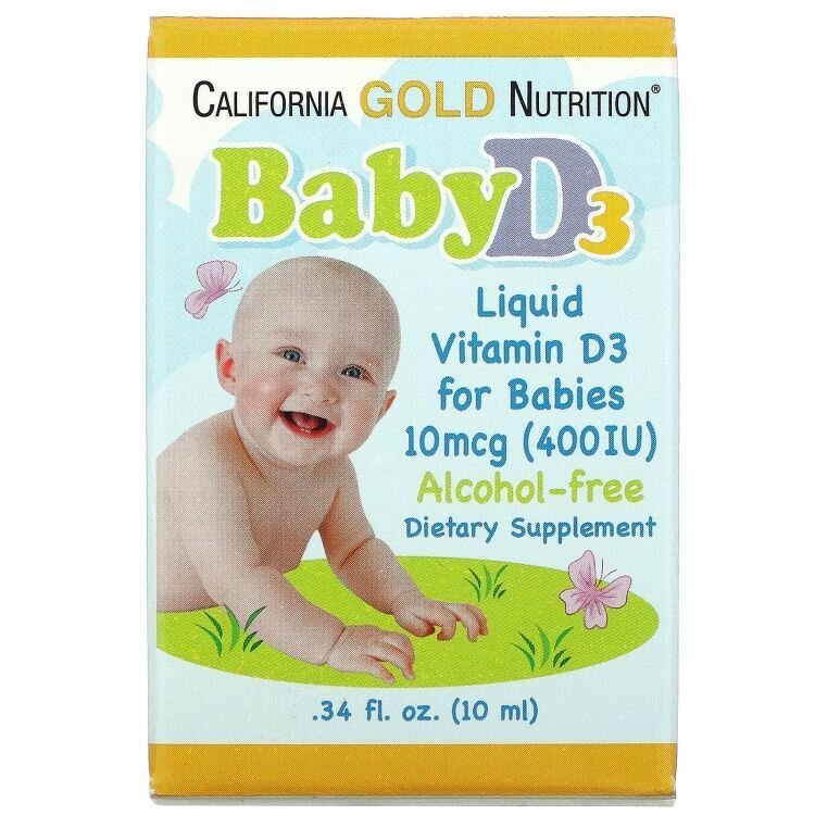 (100% iHerb)-California Gold Nutrition, жидкий витамин D3 для детей, 10 мкг (400 МЕ), 10мл.