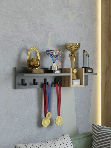 Изображение товара Полка вешалка интерьерная медальница с крючками Слава графит/дуб