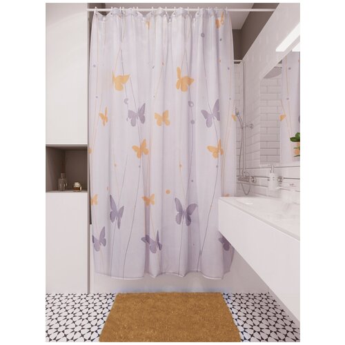 фото Штора для ванной/занавеска для ванны/шторка для ванной полиэстер 180*180 см оранжевая/серая "бабочки" аквалиния