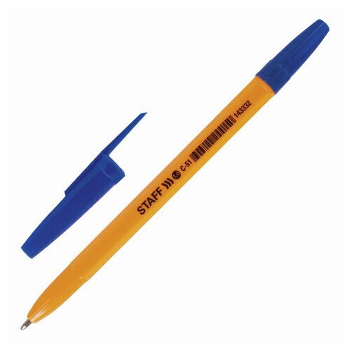 Ручка шариковая STAFF C-51, синяя, корпус оранжевый, узел 1 мм, линия письма 0,5 мм, 143332, 27 штук