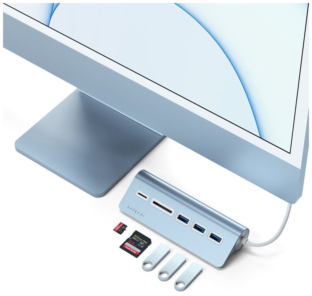 USB-хаб и картридер Satechi Type-C Aluminum USB 3.0 Hub  & Card Reader (ST-TCHCRB) голубой