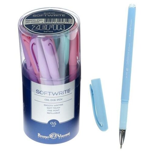 BrunoVisconti Ручка шариковая SoftWrite Zefir, узел 0.5 мм, синие чернила на масляной основе, матовый корпус Silk Touch, микс