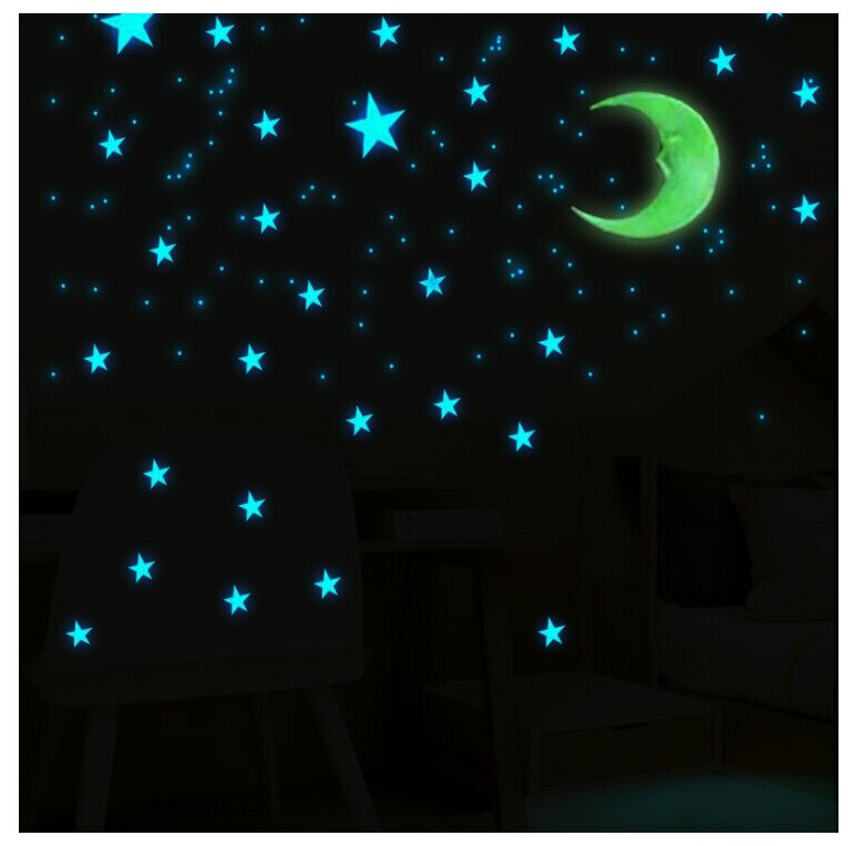 Светящиеся в темноте декоративные/интерьерные наклейки 1 Луна и 102 звезды