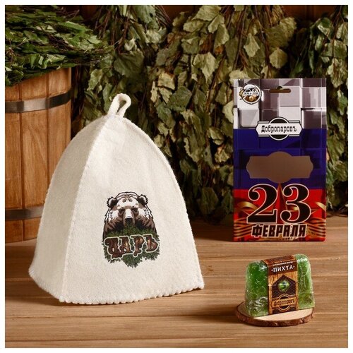фото Подарочный набор "добропаровъ, с 23 февраля": шапка "царь (медведь)" и мыло натуральное mikimarket