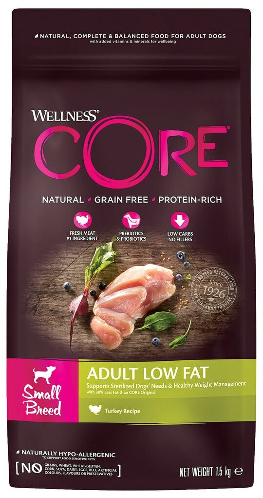 Сухой корм Wellness CORE Grain Free Small Breed Low Fat со сниженным содержанием жира из индейки с курицей для взрослых собак мелких пород 5кг