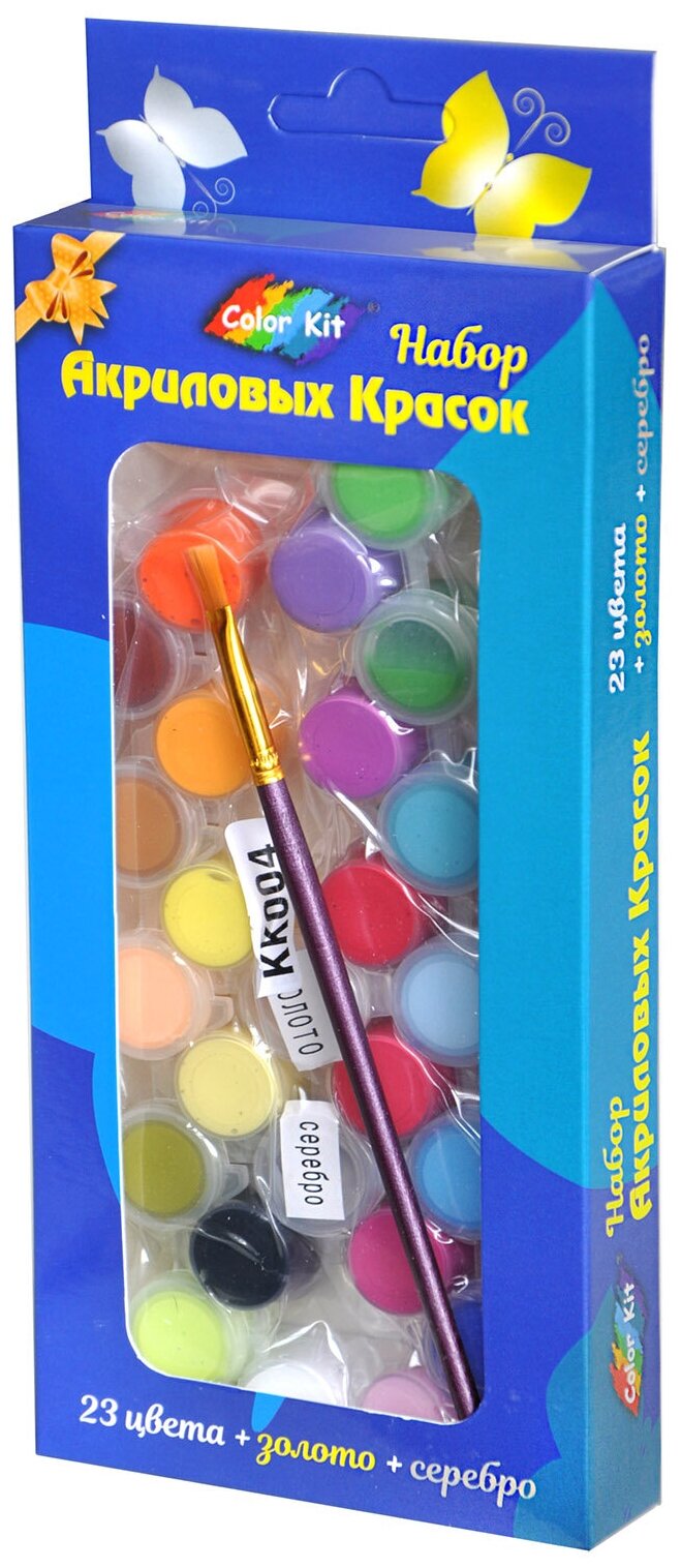 Color Kit/ Акриловые краски / краски для детей / Акриловые краски в наборе акрил 23 цвета +золото+серебро акриловая краска в баночке 5 мл KK004