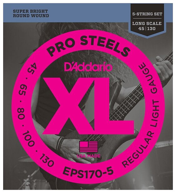 D'Addario EPS170-5 ProSteels Комплект струн для 5-струнной бас-гитары, Light, 45-130, Long Scale