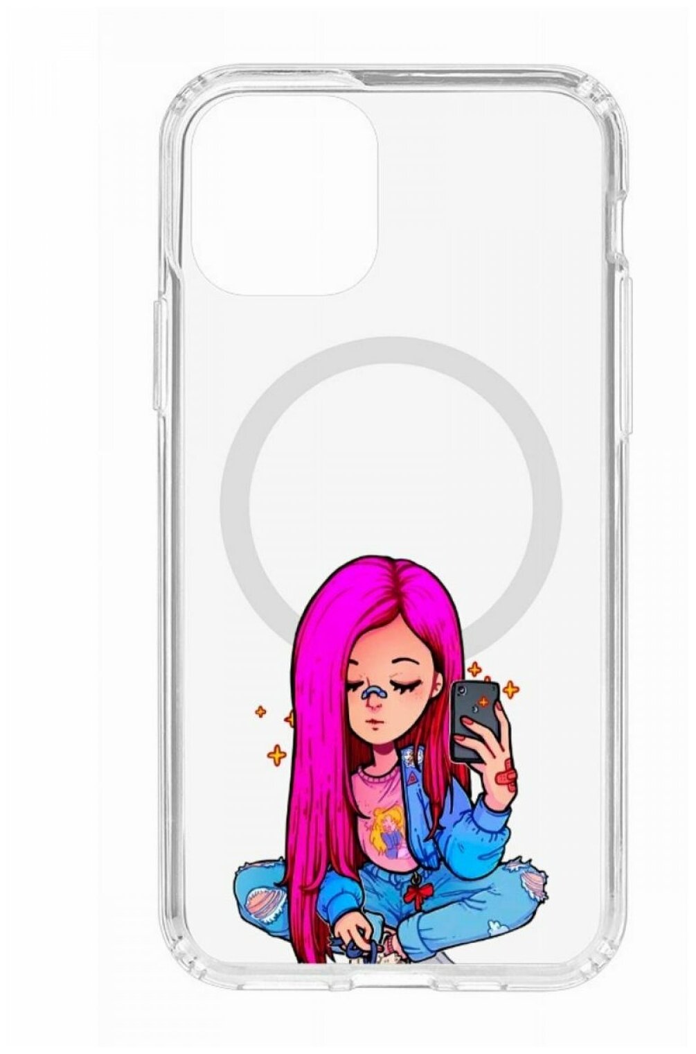 Чехол для iPhone 11 Pro Kruche Print MagSafe Pink Hair,прозрачная накладка с защитой камеры,с рисунком,противоударный силиконовый бампер с принтом