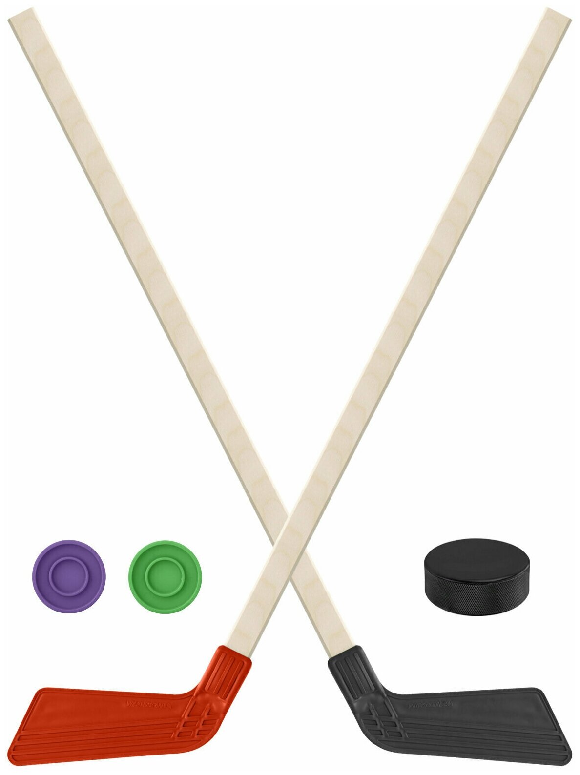 Детский хоккейный набор для игр на улице, свежем воздухе Клюшка хоккейная детская 2шт красная и чёрная 80 см. + 2 шайбы + Шайба хоккейная 75 мм.