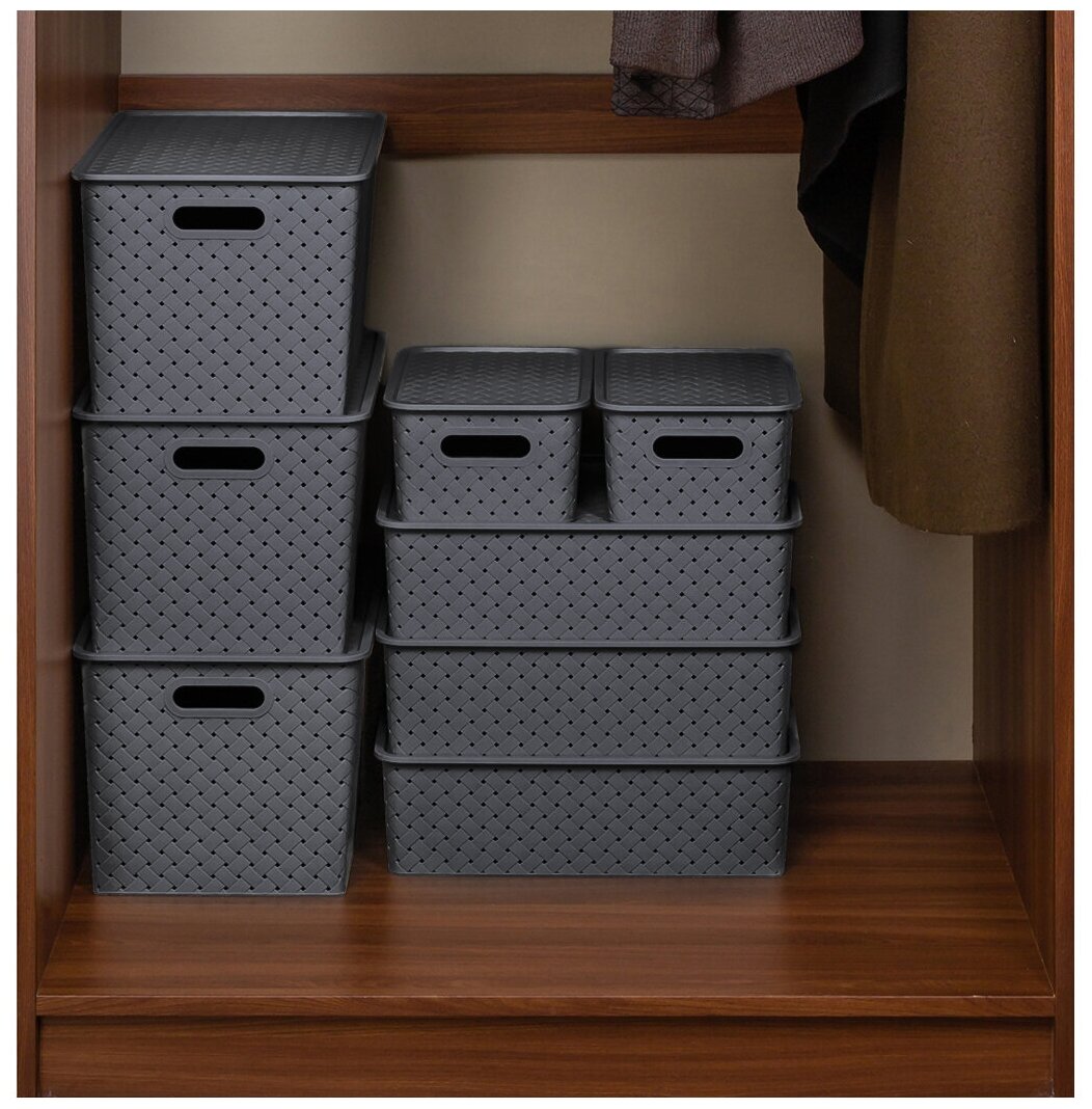 Корзинка / коробка для хранения / с крышкой 2 шт Береста 14 л 35х24,5х20,5 см EL Casa, цвет серый, набор - фотография № 8
