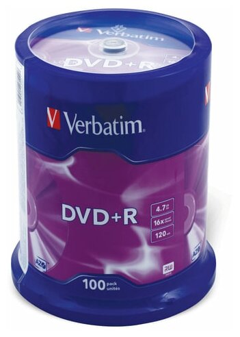 Диски DVD+R (плюс) VERBATIM 4,7 Gb 16x, комплект 100 шт, Cake Box, 43551