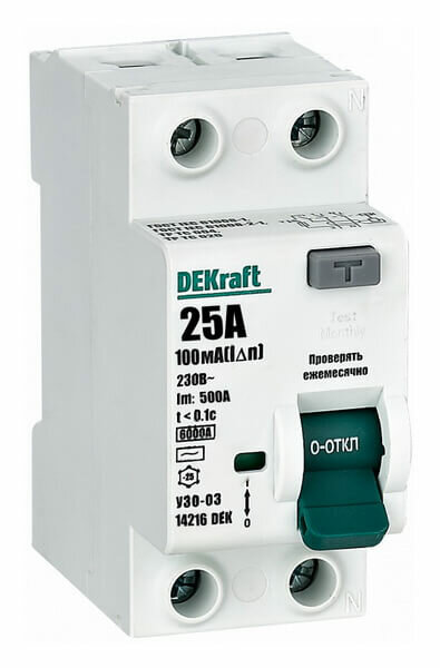 ВДТ DEKraft серии УЗО-03 2P 25A 100mA тип AC 6kA