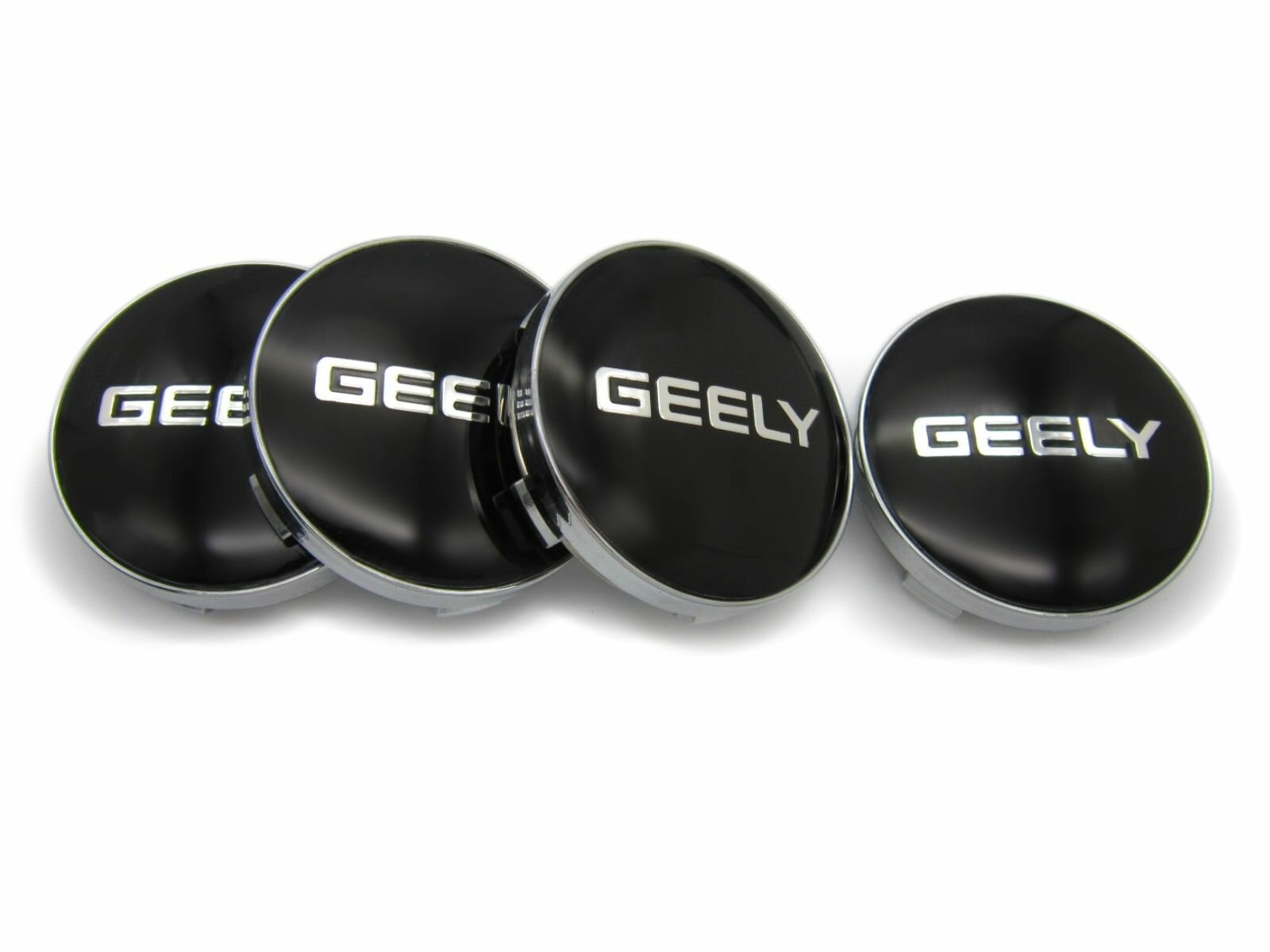 Колпачки, заглушки на литые диски Geely black надпись 60/56 мм, комплект 4 шт.