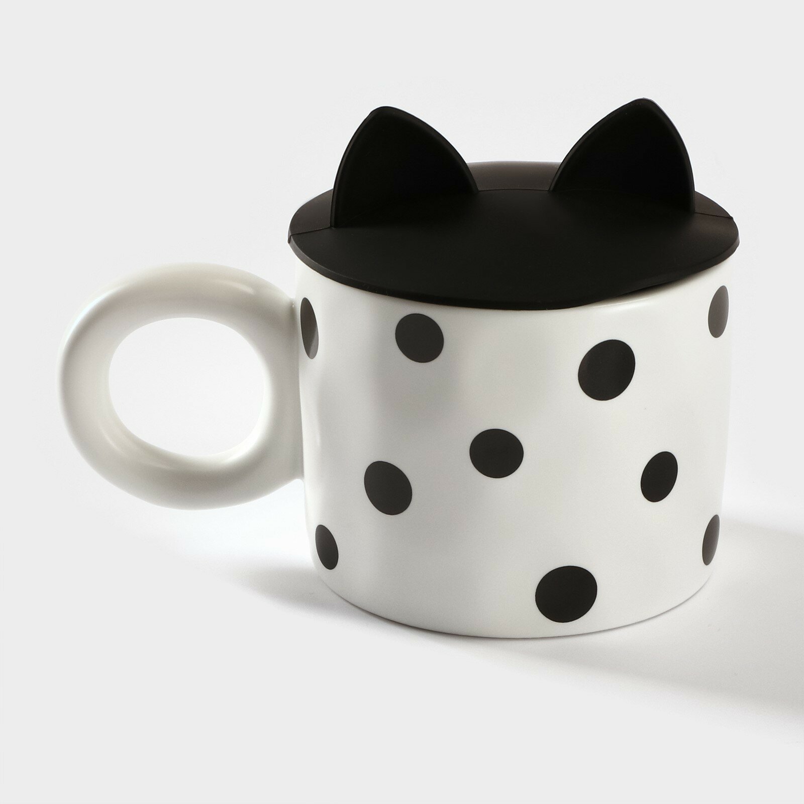Кружка с силиконовой крышкой «Мяу», 350 мл, керамика, белая, чёрная