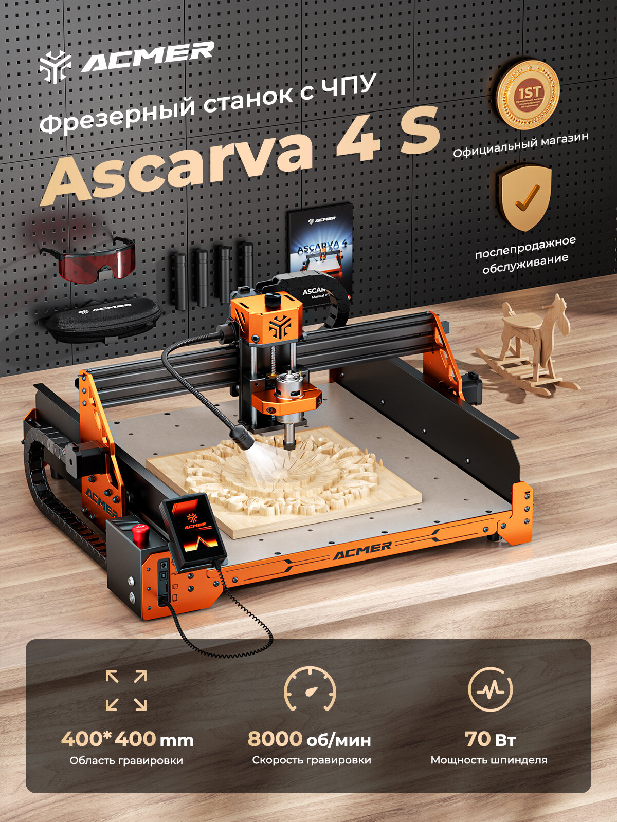 Фрезерный станок с ЧПУ ACMER Ascarva 4 S мощность шпинделя 70 Вт рабочая зона 400*400 мм для рельефной гравировки
