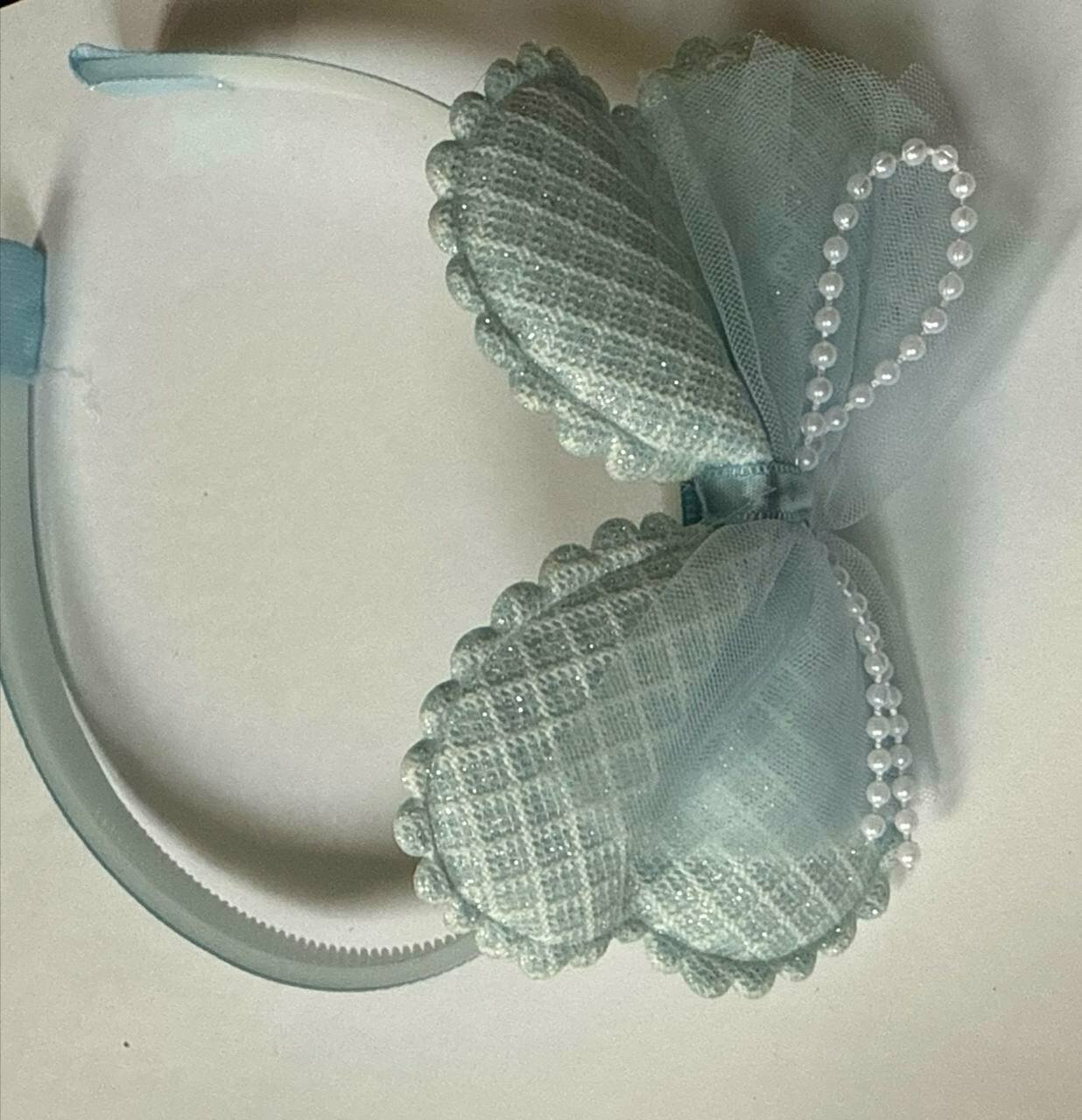 Ободок, для девочек, пластик, с бантом и стразами, 1 шт голубой , — фото 1