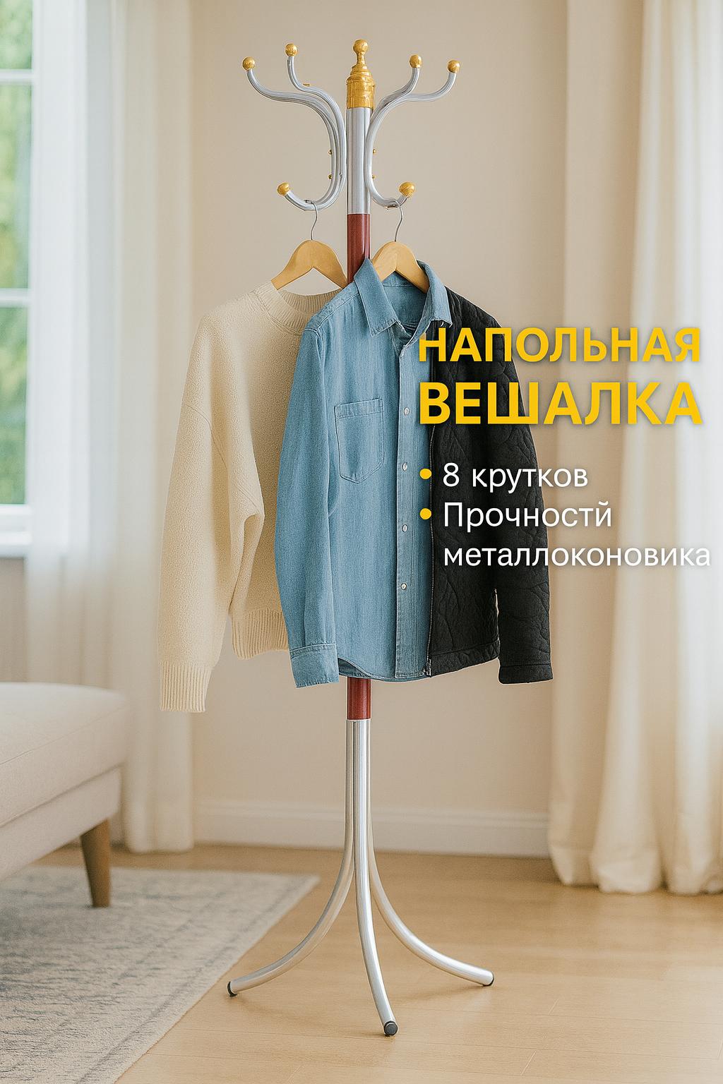 Вешалка металлическая напольная, современная стойка для одежды, прочная