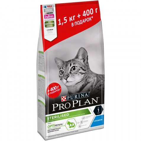 PRO PLAN Sterilised Rabbit корм для кастрированных/стерилизованных кошек, с кроликом 1,5кг+400г