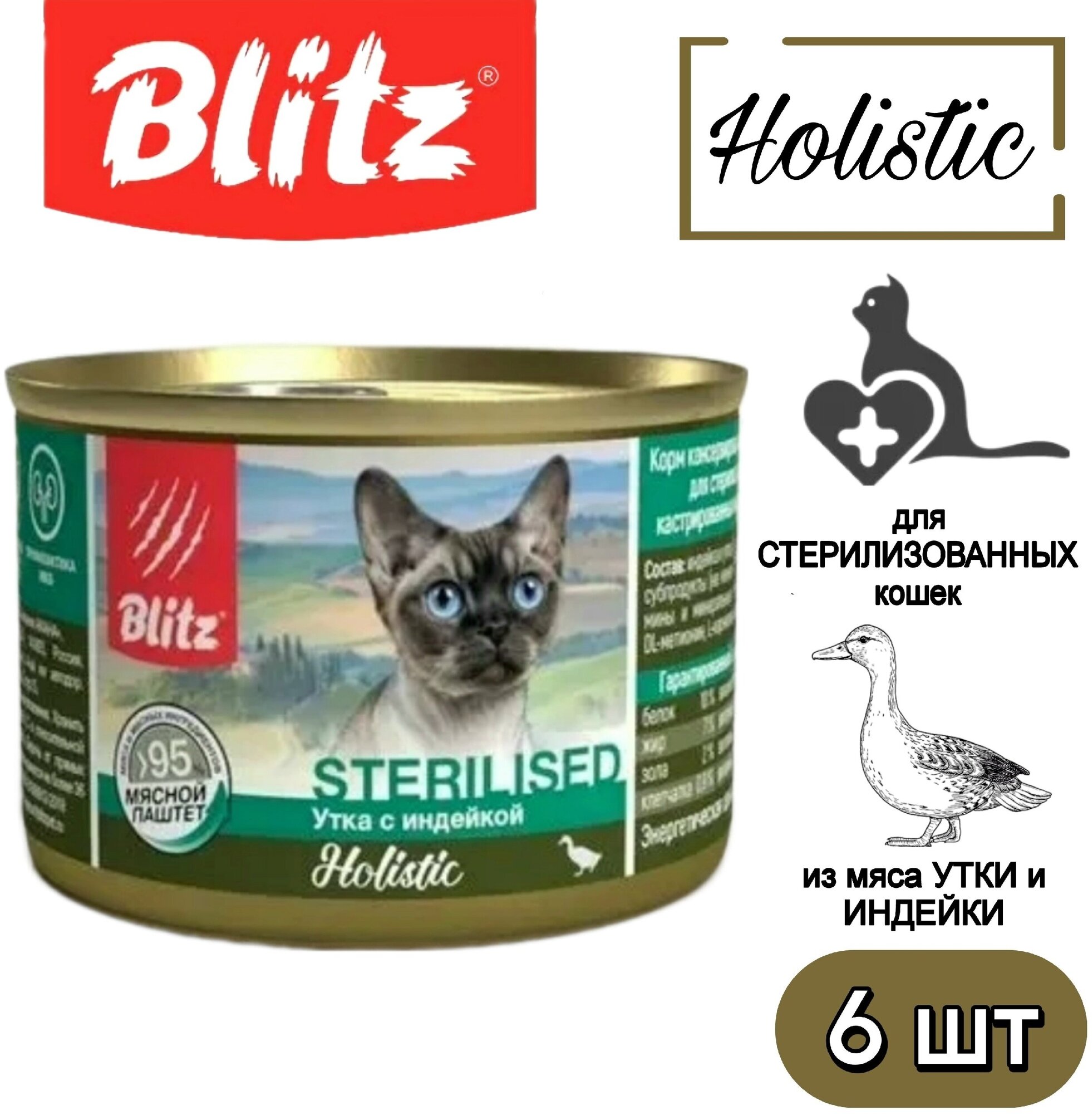 Корм для кошек влажный утка с индейкой, для стерилизованных кошек, паштет 200 г х 6 шт Blitz Holistic - фотография № 1
