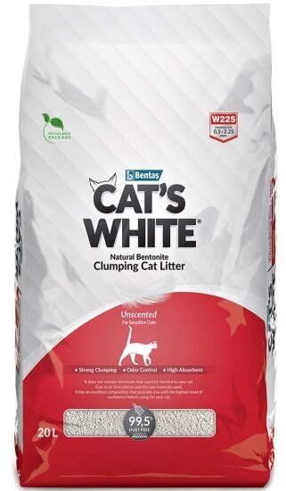 Наполнитель для кошачьих туалетов Cat's White Natural комкующийся, бентонитовый натуральный без ароматизатора (20л)