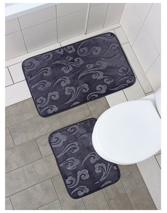 Набор ковриков для ванной и туалета Доляна «Грация», 2 шт, 40×50 см, 50×80 см, цвет серый