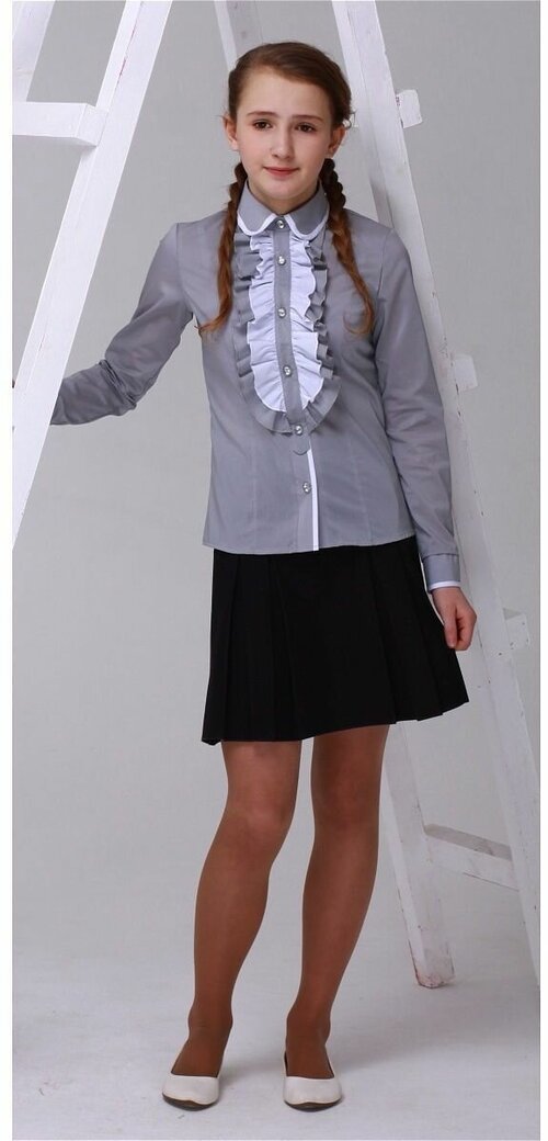Школьная блуза Polus-club, полуприлегающий силуэт, на пуговицах, длинный рукав, однотонная, размер 134/30, серый