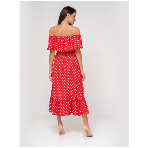 фото Платье сарафан в горох, открытые плечи с воланом, юбка колокольчик с воланом, красный цвет, размер xs anymalls