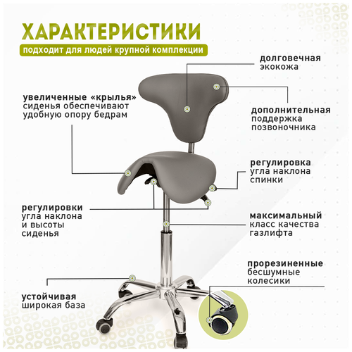 Ортопедический стул-седло со спинкой, на колесиках, универсальный Smartstool S04B, серый.