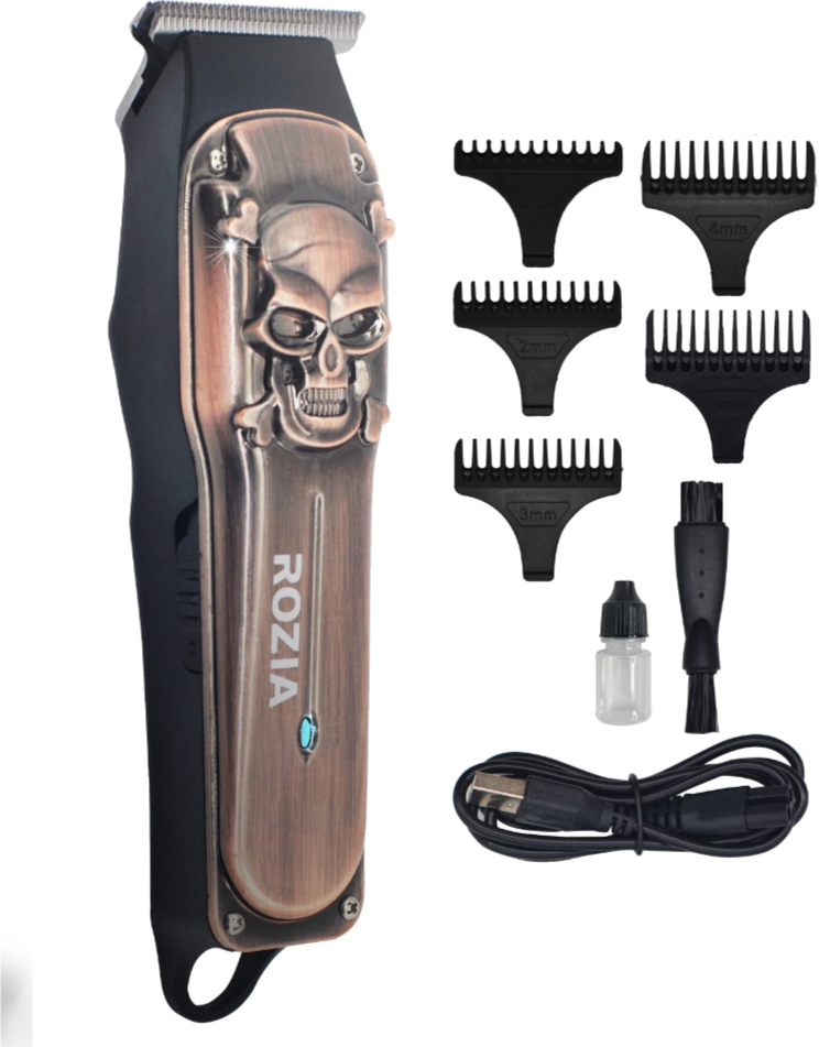 Профессиональный триммер RoziaPro , машинка для стрижки бороды и усов, для головы . RoziaPro, c черепом, для оконтовки, мужской,5 насадок , Бронза, UP+