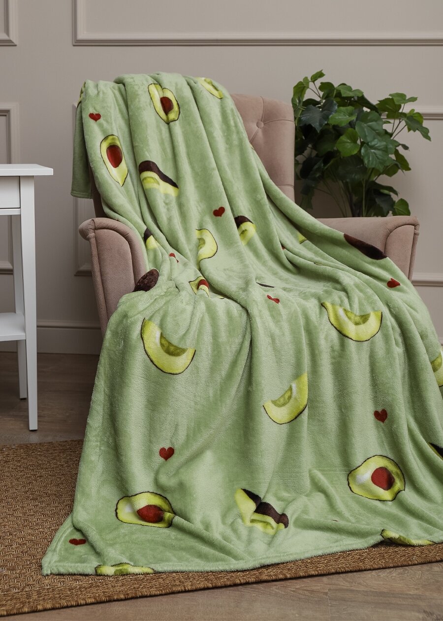 Плед TexRepublic Absolute 140х200 см, 1,5 спальный, фланелевый, покрывало на диван, теплый, мягкий, зеленый с принтом авокадо - фотография № 11