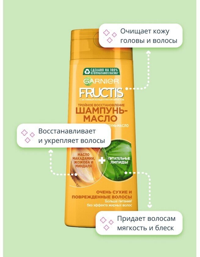 Fructis Шампунь-масло Тройное Восстановление для очень сухих и поврежденных волос, с маслами Ши, Макадамии, Жожоба и Миндаля, 400 мл - фотография № 13