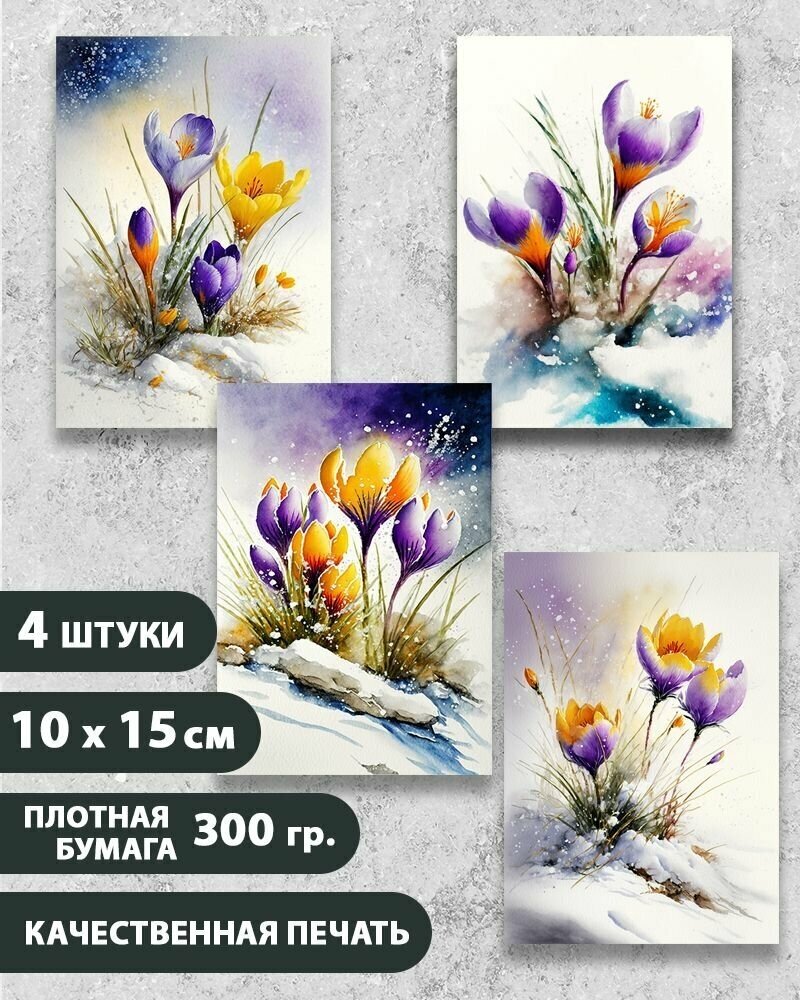 Набор открыток Весенние цветы Крокусы 2 Подснежники, 10.5 см х 15 см, 4 шт, InspirationTime, на подарок и в коллекцию