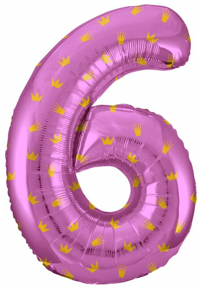 Воздушный шар фольгированный Falali Цифра 6, Золотые короны, розовый, 86 см