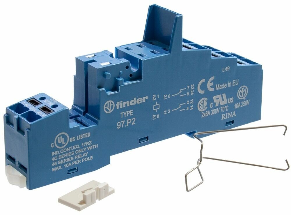 Розетка с безвинтовыми клеммами Push-in для реле 46.52; применяются модули 86.30 99.02; в комплекте металлическая клипса 097.71; версия: синий цвет